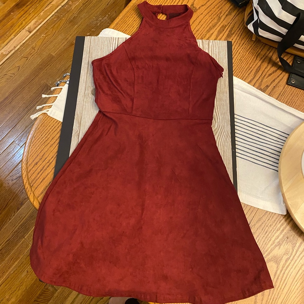 Altar'd State Burgundy Faux Suede High Neck Sleeveless Fit & Flare Dress- SM